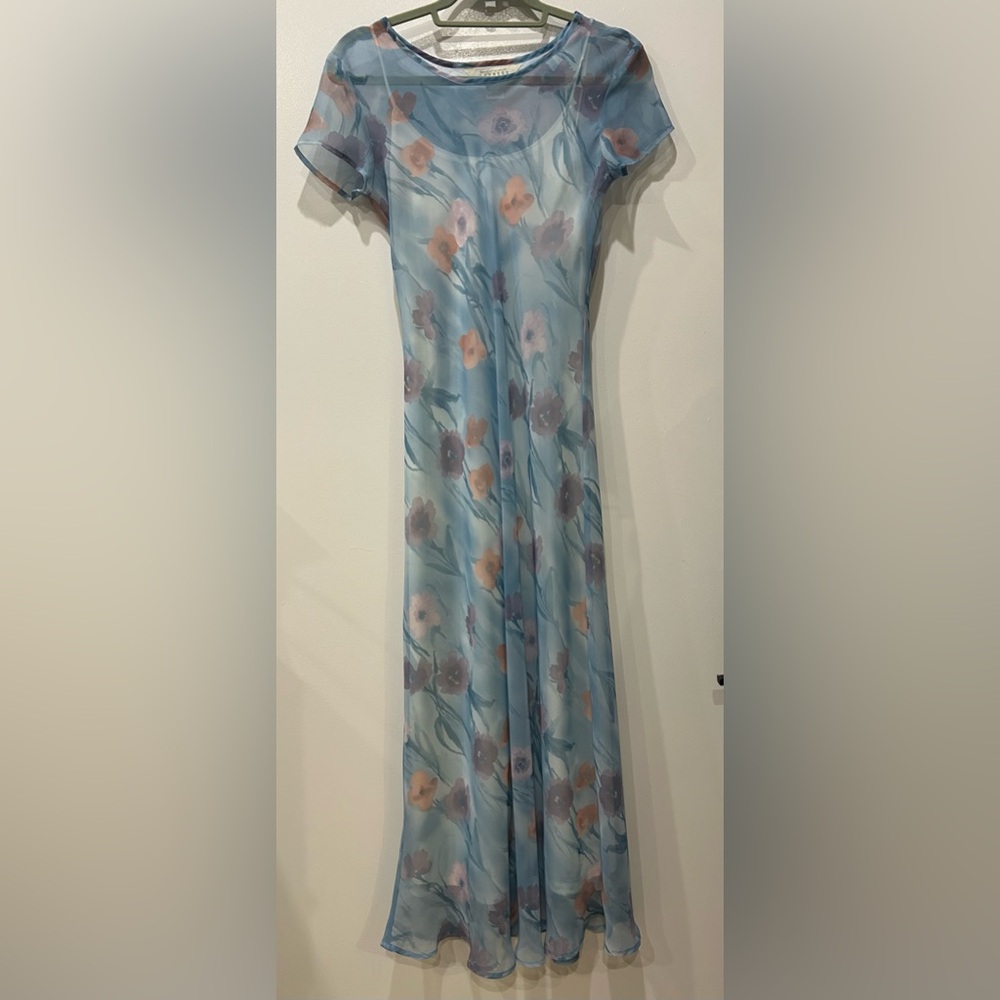 90s Sheer Light Blue Floral Express Maxi Dress